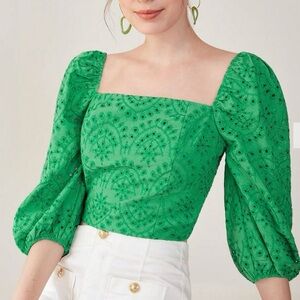 Emerald Green Eyelet Puff Sleeve Smocked Crop Top Sz S